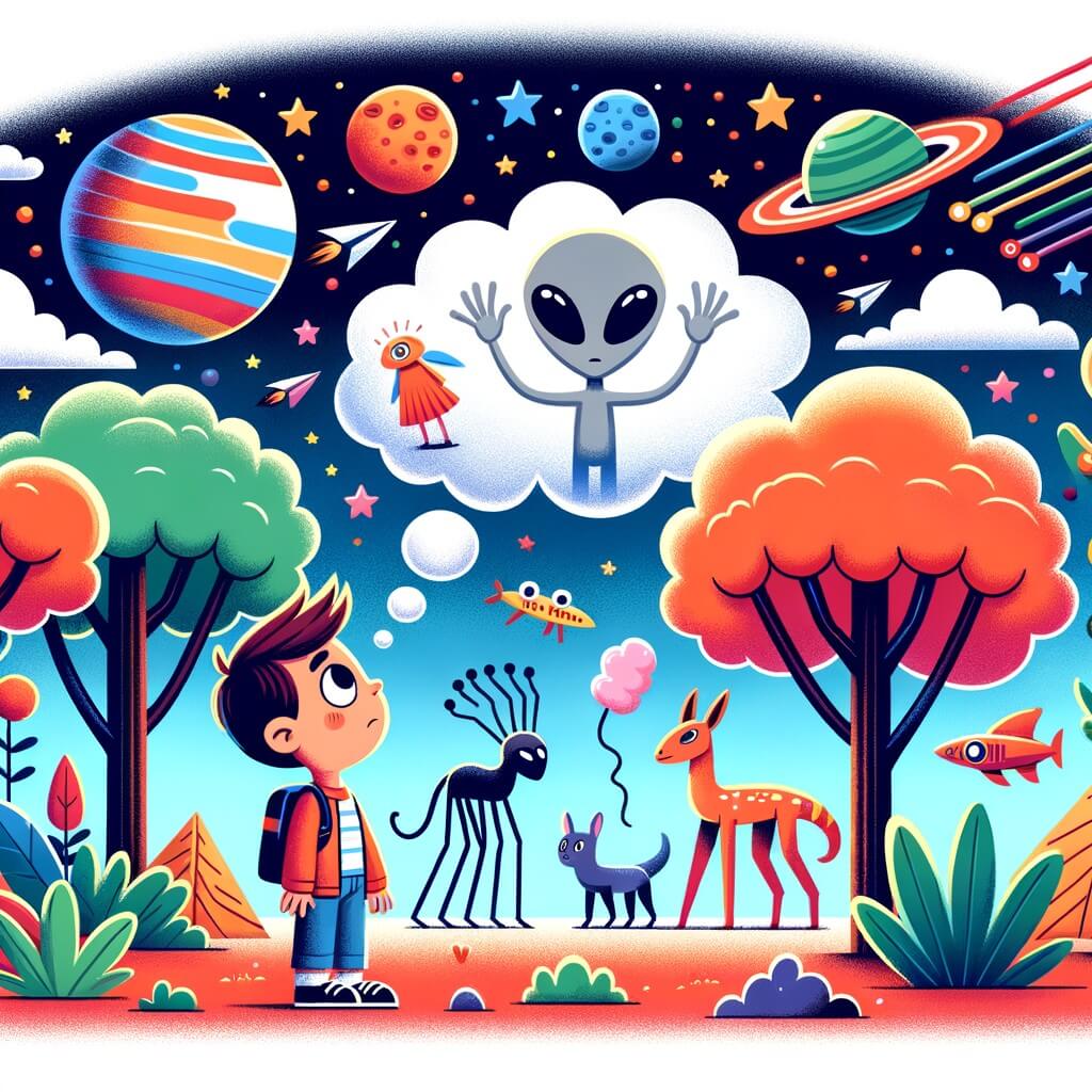Une illustration destinée aux enfants représentant un petit garçon intrépide, rêvant de voyager dans l'espace, qui fait la rencontre d'un extraterrestre amical sur un planète aux arbres aux couleurs vives, aux animaux aux pattes interminables et aux cieux parsemés de nuages en forme de barbe à papa.