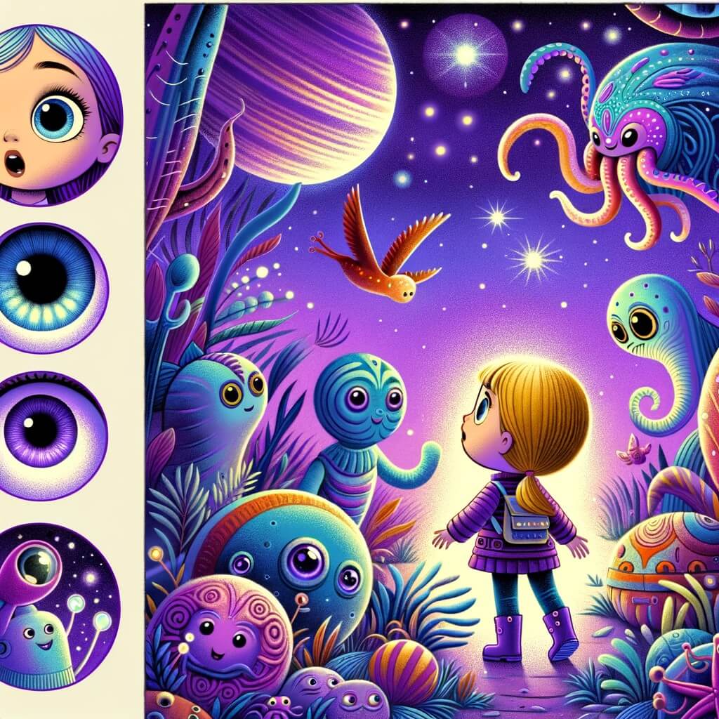 Une illustration destinée aux enfants représentant une petite fille curieuse découvrant un monde extraterrestre coloré rempli de créatures étranges et amicales, sur un planète lointaine avec un ciel violet scintillant.