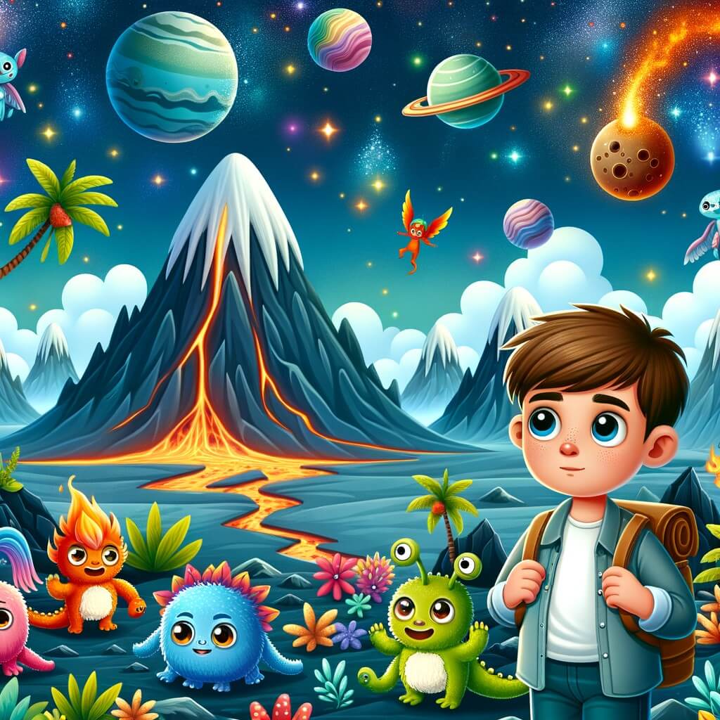 Une illustration destinée aux enfants représentant un petit garçon curieux qui se retrouve dans une incroyable aventure extraterrestre, accompagné de créatures colorées et dotées de pouvoirs magiques, sur une planète lointaine aux montagnes flottantes, rivières de lave et plantes lumineuses.