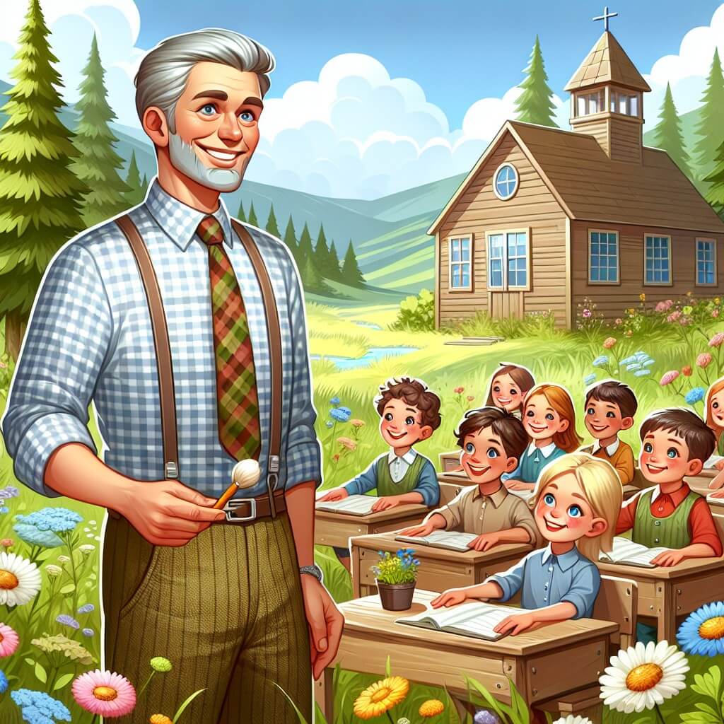 Une illustration destinée aux enfants représentant un instituteur bienveillant, vêtu d'une chemise à carreaux et d'un pantalon en tweed, enseignant à une classe joyeuse et colorée remplie d'enfants souriants, dans une petite école en bois située au milieu d'une prairie verdoyante, entourée de fleurs sauvages et d'arbres majestueux.