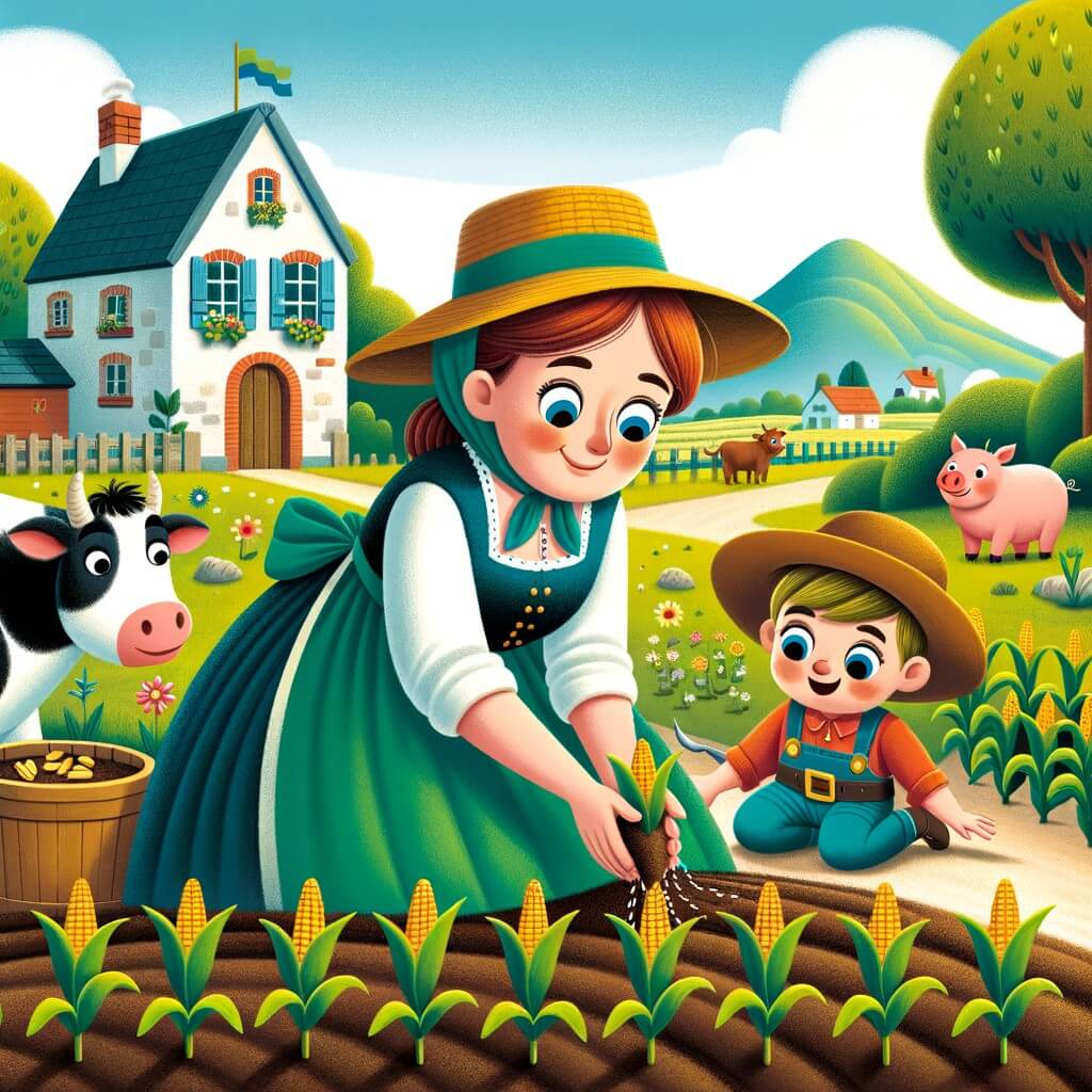 Une illustration destinée aux enfants représentant une femme courageuse et travailleuse, entourée de champs verdoyants, semant des graines de maïs avec l'aide d'un enfant enthousiaste, dans un petit village pittoresque où se trouve une ferme avec une vache nommée Lola et un cochon espiègle nommé Pepe.