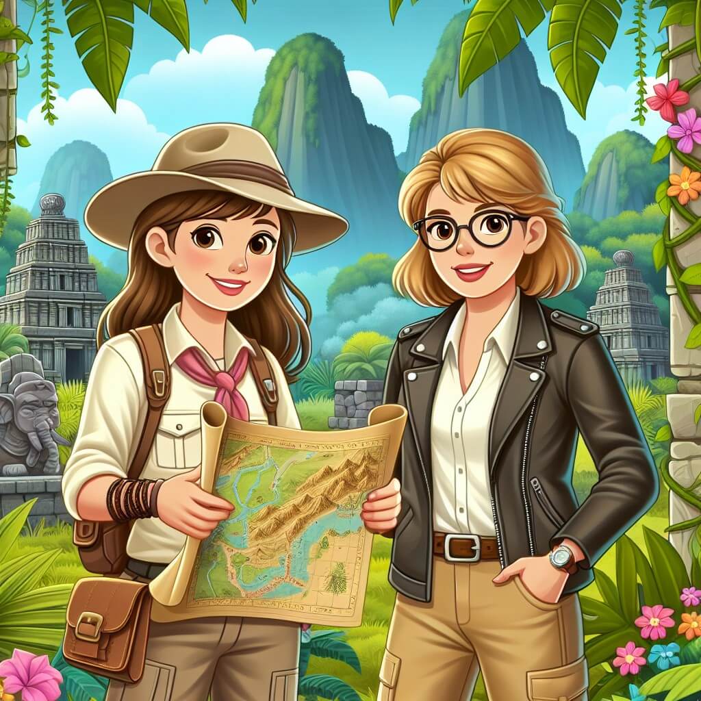 Une illustration destinée aux enfants représentant une jeune archéologue intrépide, vêtue d'un chapeau beige et d'une chemise khaki, tenant une carte au trésor, accompagnée d'une archeologue plus âgée, portant des lunettes et une veste de cuir, toutes deux souriantes, explorant les ruines d'un ancien temple entouré de lianes luxuriantes et de fleurs colorées, dans un paysage tropical avec des montagnes majestueuses en arrière-plan.