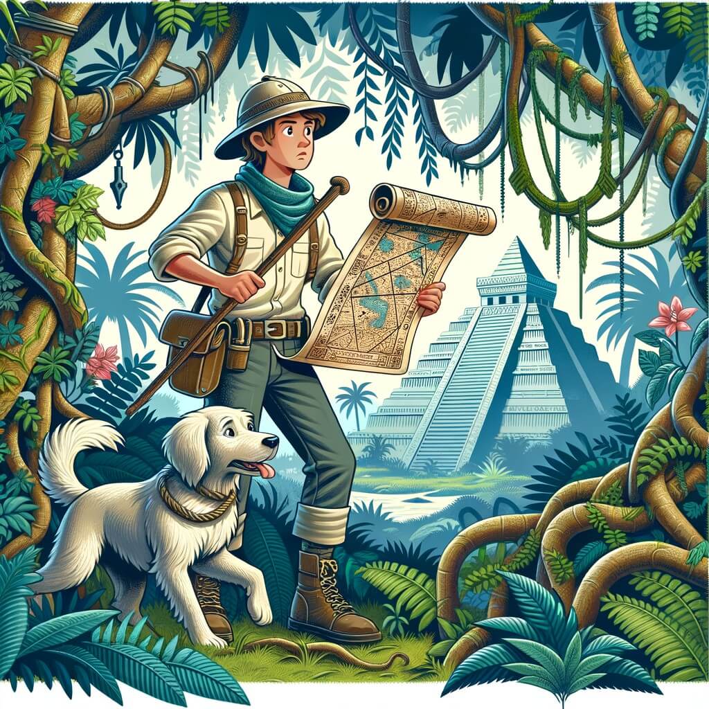 Une illustration destinée aux enfants représentant un homme aventurier, vêtu d'un chapeau de safari, tenant une vieille carte au trésor, accompagné de son fidèle chien, explorant une jungle luxuriante avec des lianes entrelacées et des arbres immenses, à la recherche d'une mystérieuse pyramide cachée.