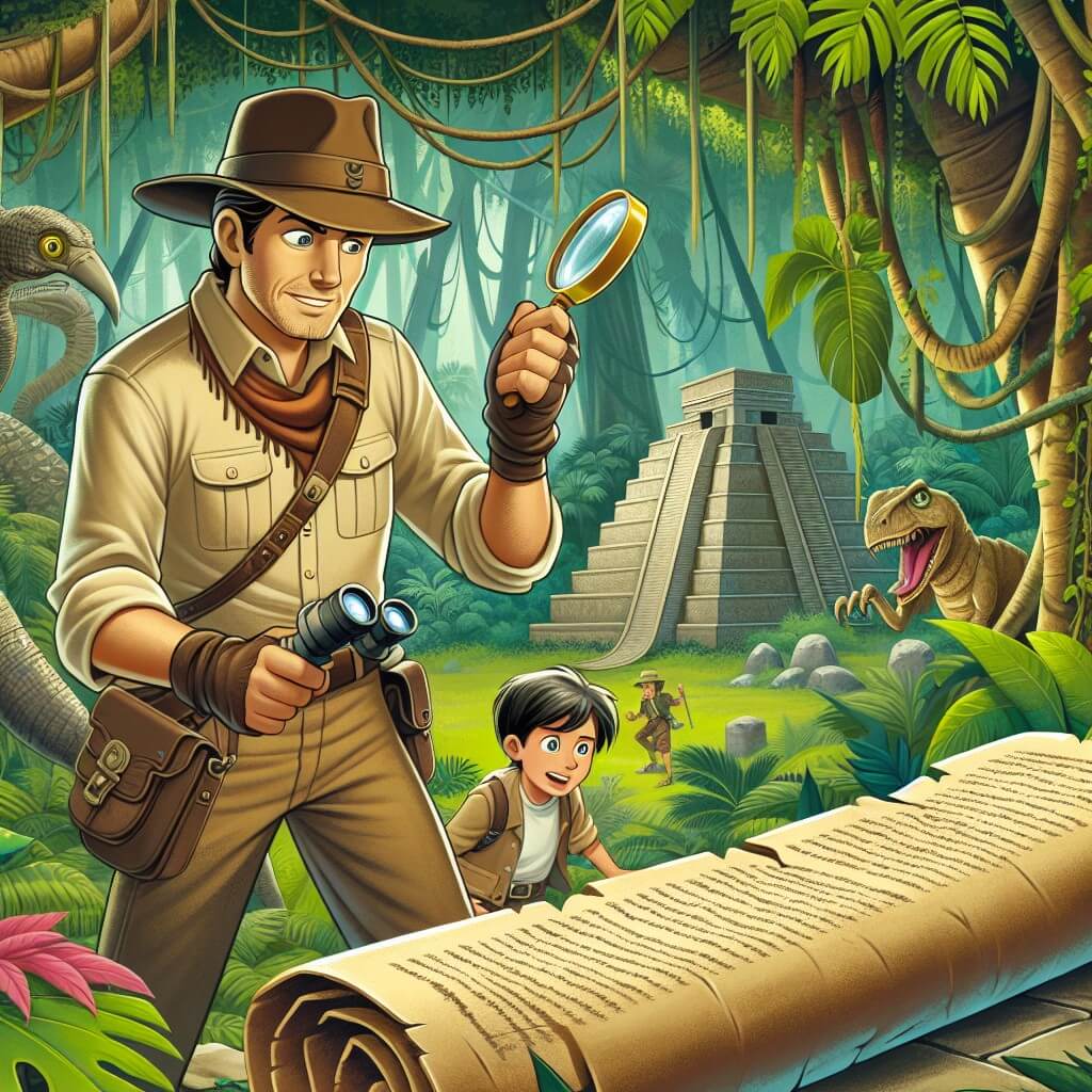 Une illustration destinée aux enfants représentant un homme aventurier, vêtu d'un chapeau en cuir et d'une chemise beige, qui découvre un ancien parchemin dans une pyramide mystérieuse, accompagné d'une jeune femme archeologue, portant une loupe autour du cou, et d'un enfant de la jungle, entourés d'une dense forêt tropicale avec des arbres majestueux, des lianes suspendues et des animaux exotiques.
