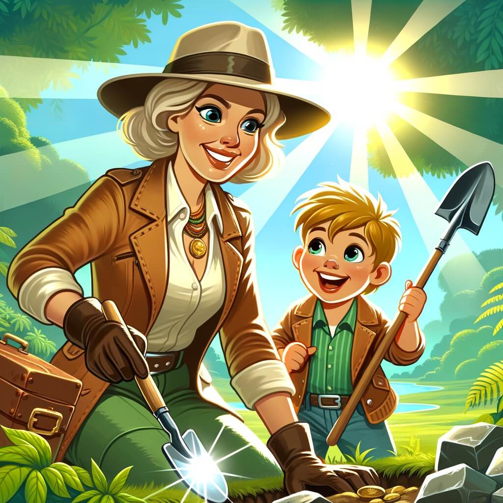Une illustration destinée aux enfants représentant une femme aventurière, vêtue d'un chapeau beige et d'une veste en cuir, tenant une pelle et un pinceau, découvrant un trésor ancien dans une forêt luxuriante, avec son neveu, un petit garçon aux yeux brillants, qui l'accompagne avec enthousiasme, tandis qu'un soleil radieux illumine le paysage verdoyant.