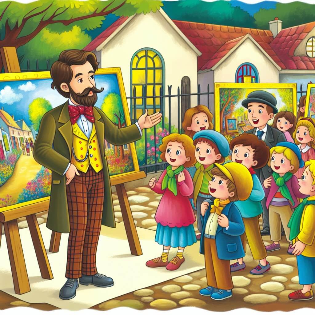 Une illustration destinée aux enfants représentant un artiste homme, talentueux et aimé de tous, qui organise une exposition de ses peintures dans un parc pittoresque, où les enfants du village se rassemblent avec enthousiasme pour découvrir ses œuvres colorées.