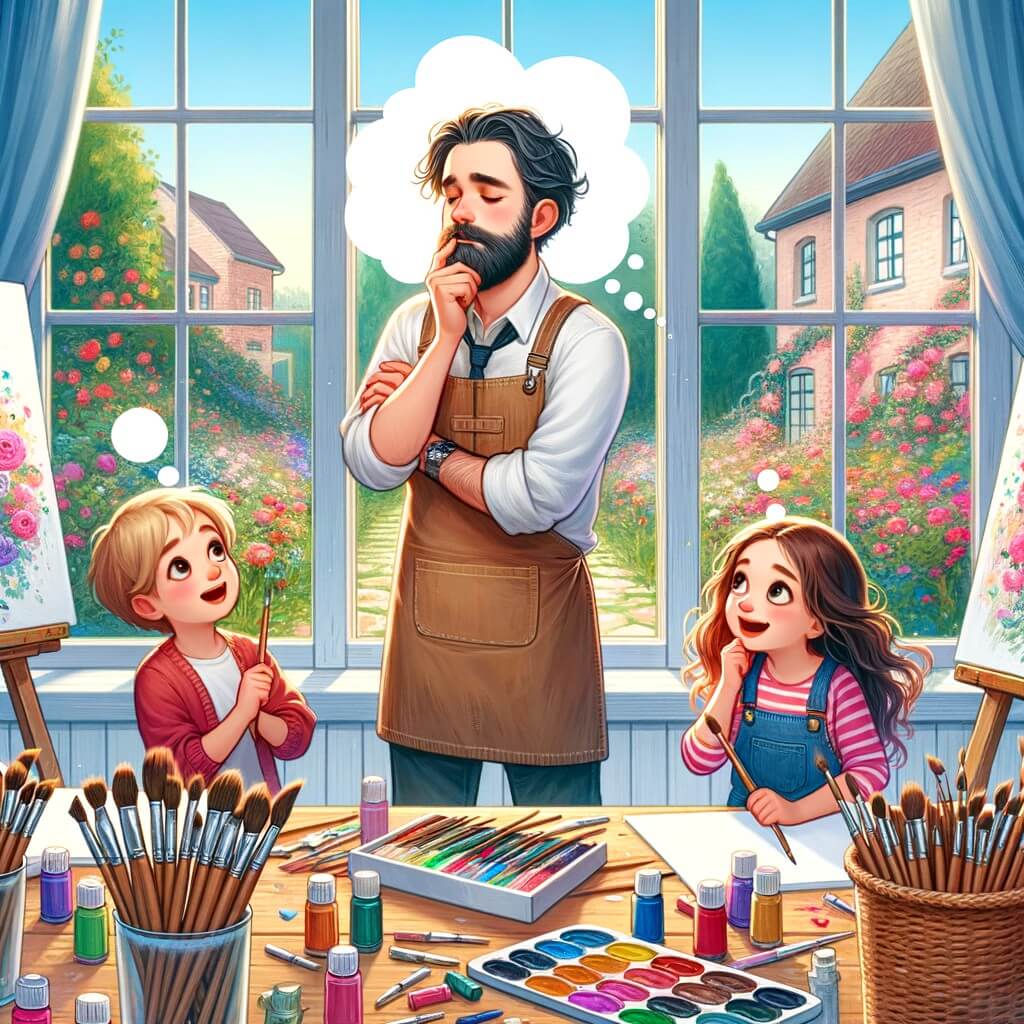 Une illustration destinée aux enfants représentant un homme rêveur et passionné d'art, se trouvant dans son atelier rempli de pinceaux, peintures et toiles colorées, où il rencontre deux enfants curieux et enthousiastes, dans un studio lumineux avec de grandes fenêtres laissant entrer la douce lumière du soleil et offrant une vue sur un jardin fleuri.