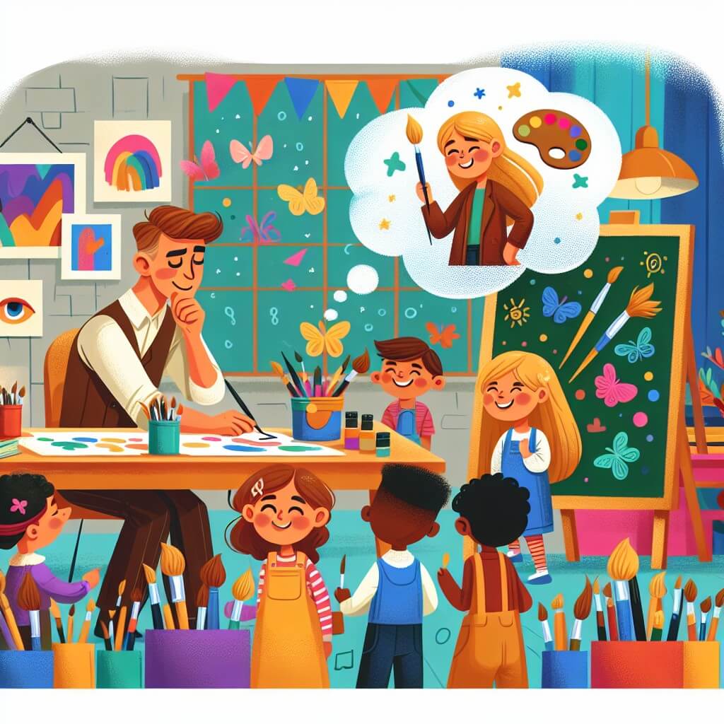 Une illustration destinée aux enfants représentant une artiste talentueuse et rêveuse, confrontée à une situation délicate, accompagnée d'un groupe d'enfants curieux, dans un studio d'art coloré et rempli de pinceaux, de toiles et de couleurs éclatantes.