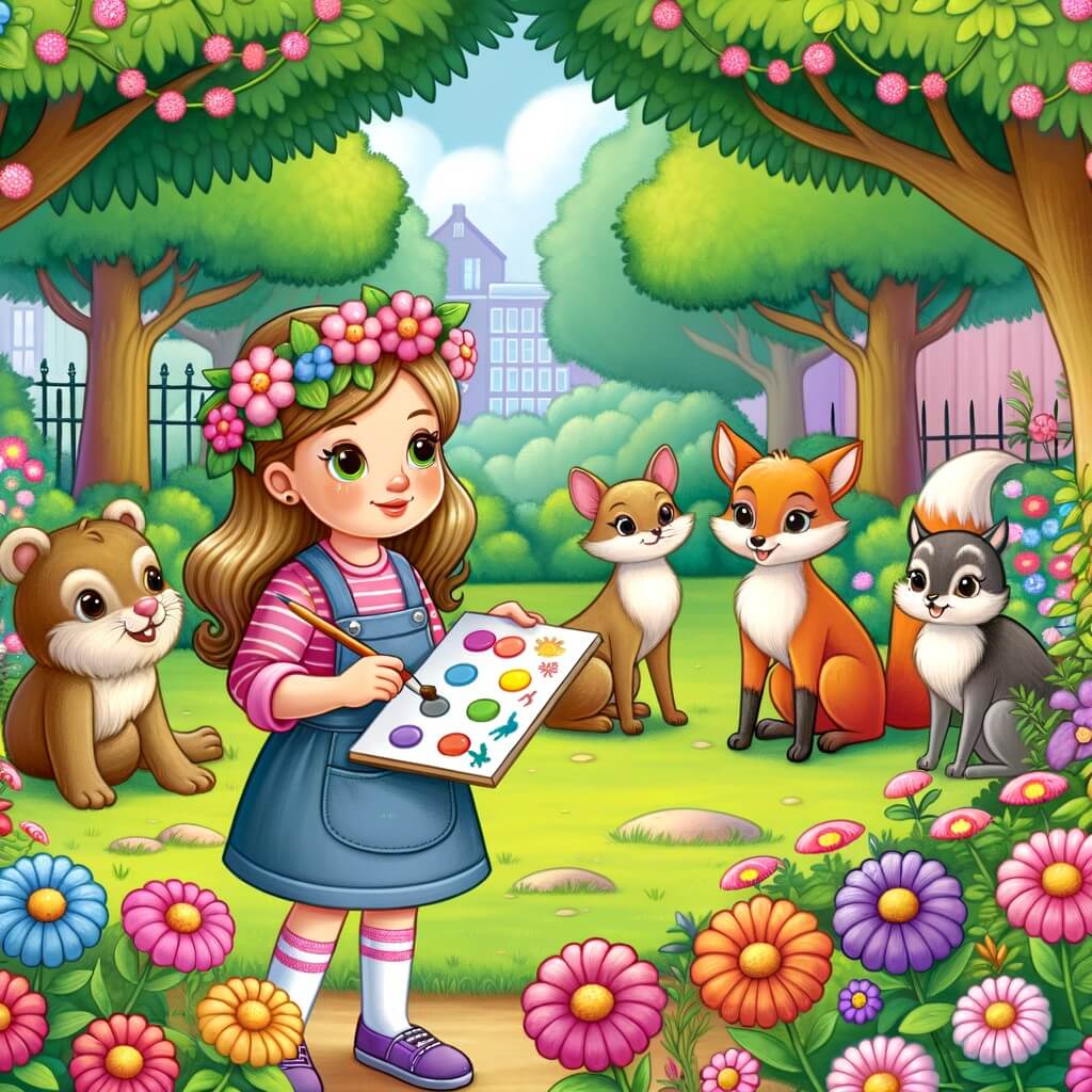Une illustration destinée aux enfants représentant une jeune femme artiste pleine d'imagination, se trouvant dans un parc où les arbres sont remplis de fleurs colorées et où les animaux curieux observent avec admiration ses œuvres d'art.