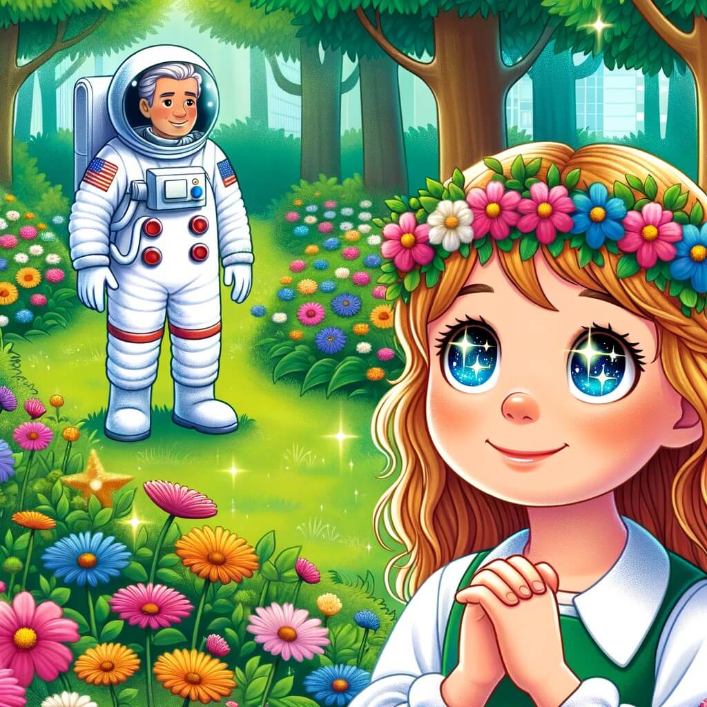 Une illustration destinée aux enfants représentant une jeune rêveuse, les yeux brillants d'étoiles, qui rencontre une célèbre astronaute dans un parc verdoyant parsemé de fleurs multicolores.