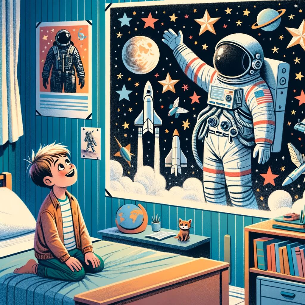Une illustration destinée aux enfants représentant un jeune homme rêveur, fasciné par les étoiles, accompagné de son père bienveillant, dans sa chambre remplie de posters d'astronautes et de fusées, alors qu'il découvre une annonce incroyable pour une aventure spatiale à la Station Spatiale Internationale.