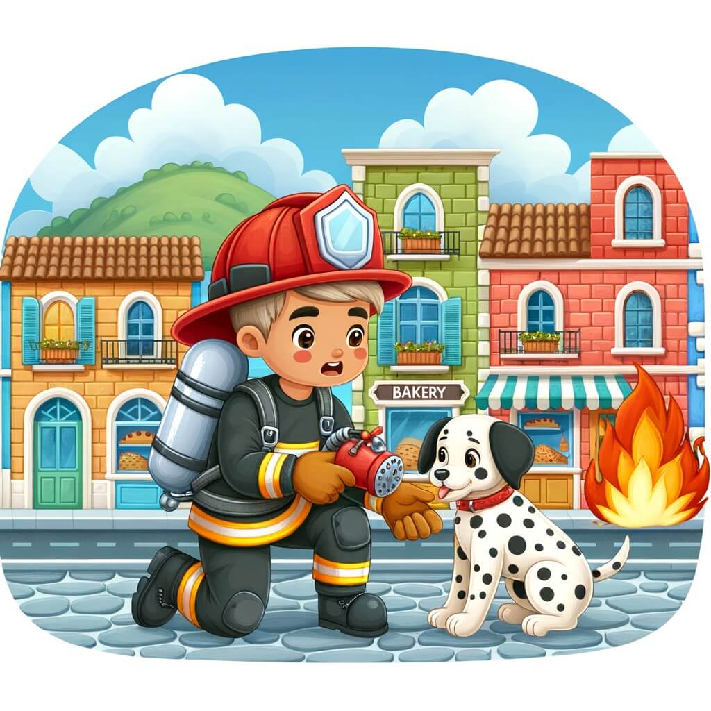 Une illustration destinée aux enfants représentant un courageux homme en uniforme de pompier, combattant un incendie dans une boulangerie, avec un adorable chien dalmatien à ses côtés, dans la pittoresque ville de Villa Feliz, où les maisons colorées bordent les rues pavées.