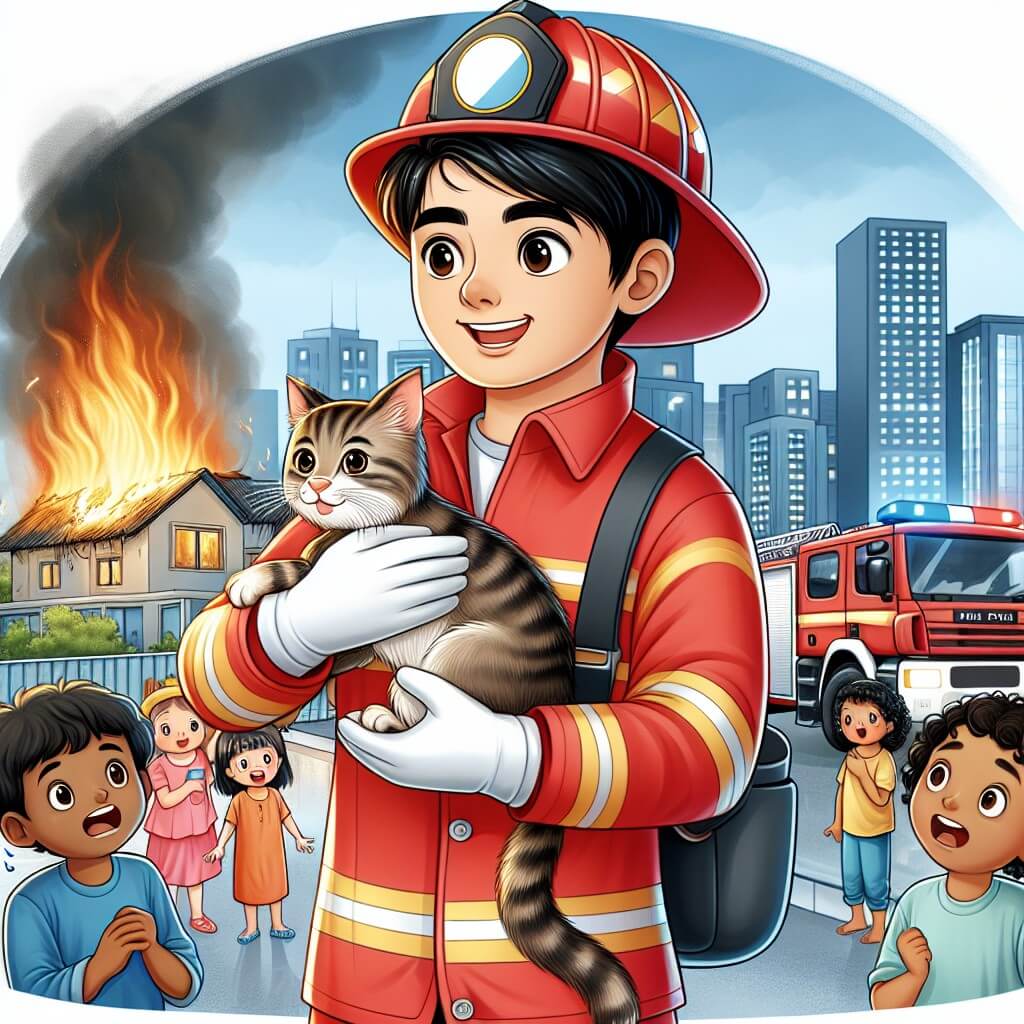 Une illustration destinée aux enfants représentant un homme courageux, vêtu d'une combinaison de pompier rouge vif, en train de sauver un chat perché dans un arbre, avec en toile de fond un camion de pompiers brillant et une maison en flammes, dans une ville animée avec des enfants souriants et émerveillés autour.