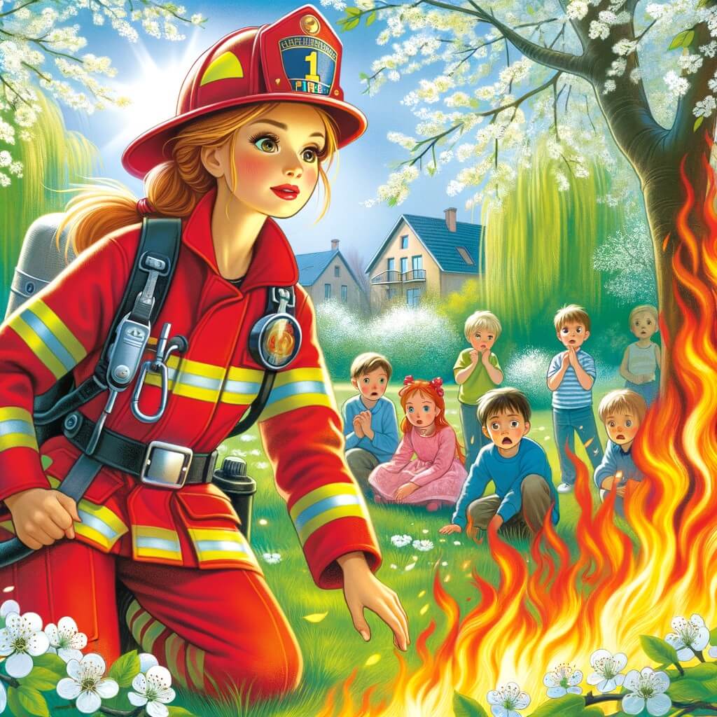 Une illustration destinée aux enfants représentant une femme courageuse, vêtue d'une combinaison de pompier rouge vif, luttant contre un incendie dans un magnifique parc verdoyant, entourée de jeunes enfants inquiets mais curieux, tandis que les flammes dansent parmi les arbres en fleurs.