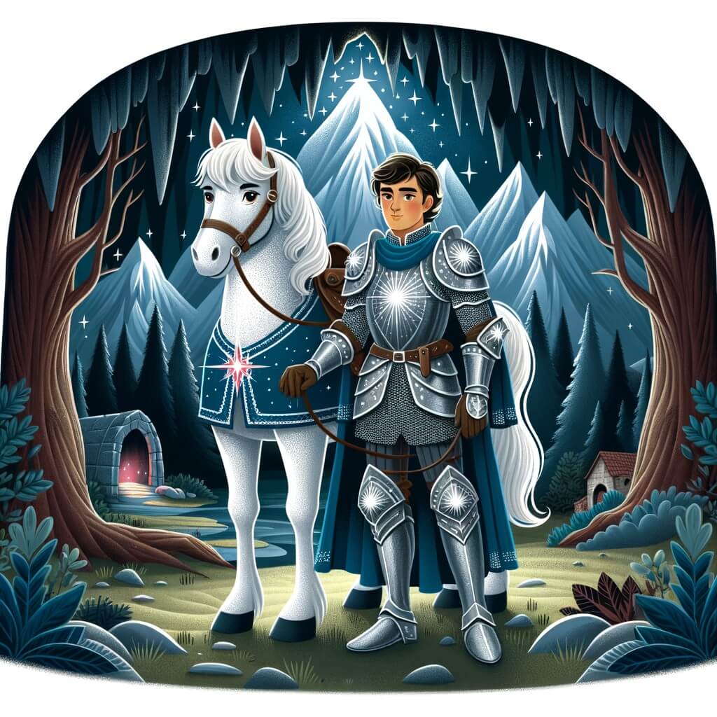 Une illustration destinée aux enfants représentant un courageux chevalier, vêtu d'une armure étincelante, se tenant devant une sombre et mystérieuse grotte, accompagné de son fidèle destrier, prêt à affronter les dangers pour trouver un objet magique, dans un paysage boisé avec des arbres majestueux et des montagnes imposantes en arrière-plan.