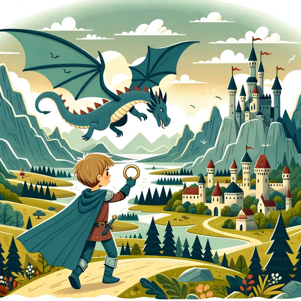 Une illustration destinée aux enfants représentant un anneau de chevalier, courageusement engagé dans une quête périlleuse aux côtés d'un fidèle dragon ailé, à travers un vaste royaume médiéval parsemé de châteaux majestueux, de forêts enchantées et de montagnes escarpées.