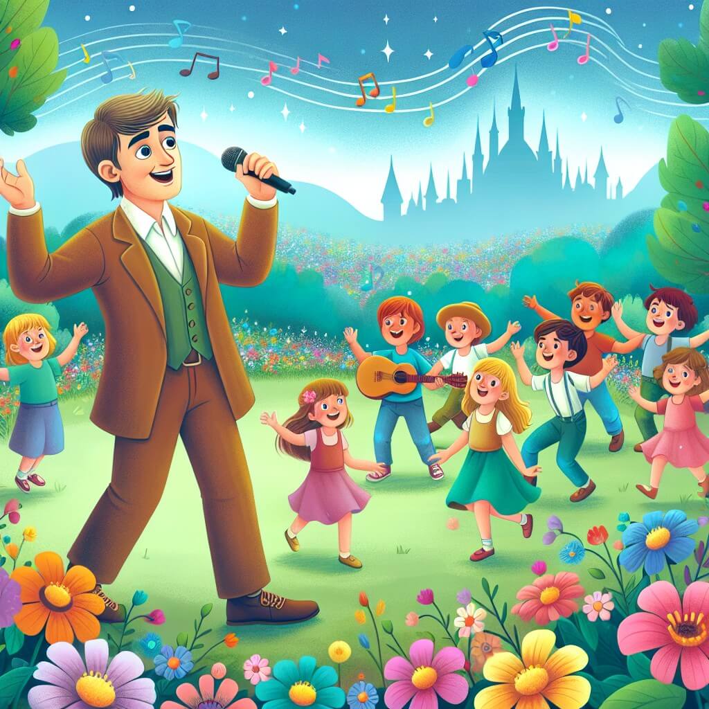 Une illustration destinée aux enfants représentant un homme passionné de musique, qui réalise son rêve en devenant un célèbre chanteur et musicien, accompagné de ses amis et d'autres enfants, dans un parc enchanté rempli de couleurs vives et de fleurs dansantes.