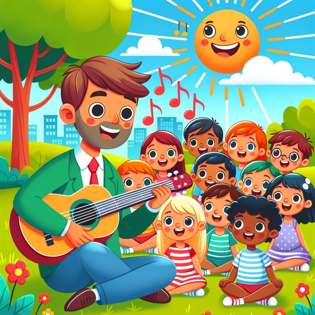 Une illustration destinée aux enfants représentant un homme passionné de musique, se trouvant dans un parc verdoyant et animé, accompagné d'un groupe d'enfants souriants et curieux, tous réunis autour de lui pour écouter sa voix mélodieuse et ses chansons joyeuses.