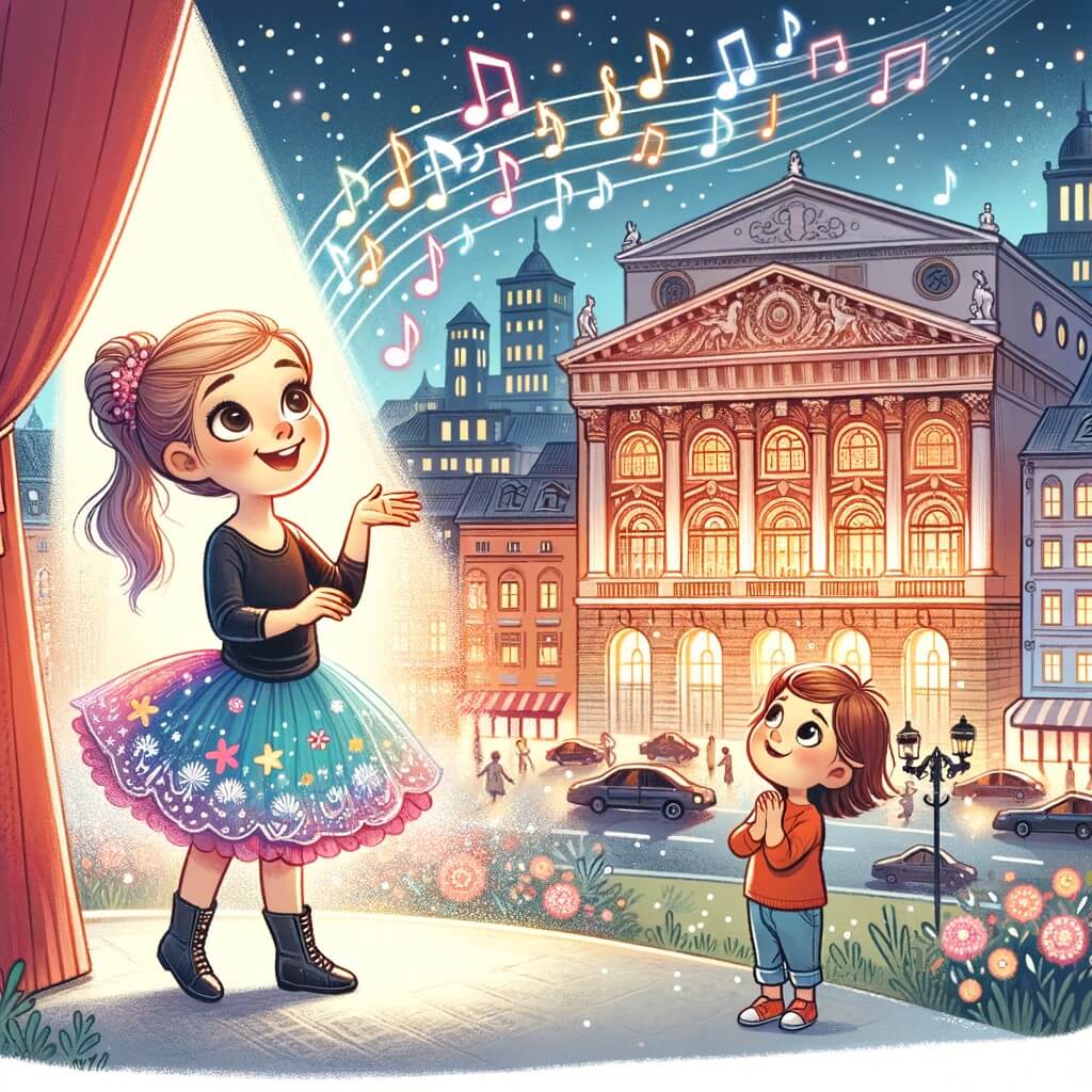Une illustration destinée aux enfants représentant une jeune femme passionnée de musique, se tenant devant un majestueux théâtre avec des notes musicales flottant dans l'air, tandis qu'un enfant enthousiaste l'observe avec admiration, dans une ville animée et colorée avec des lumières scintillantes.