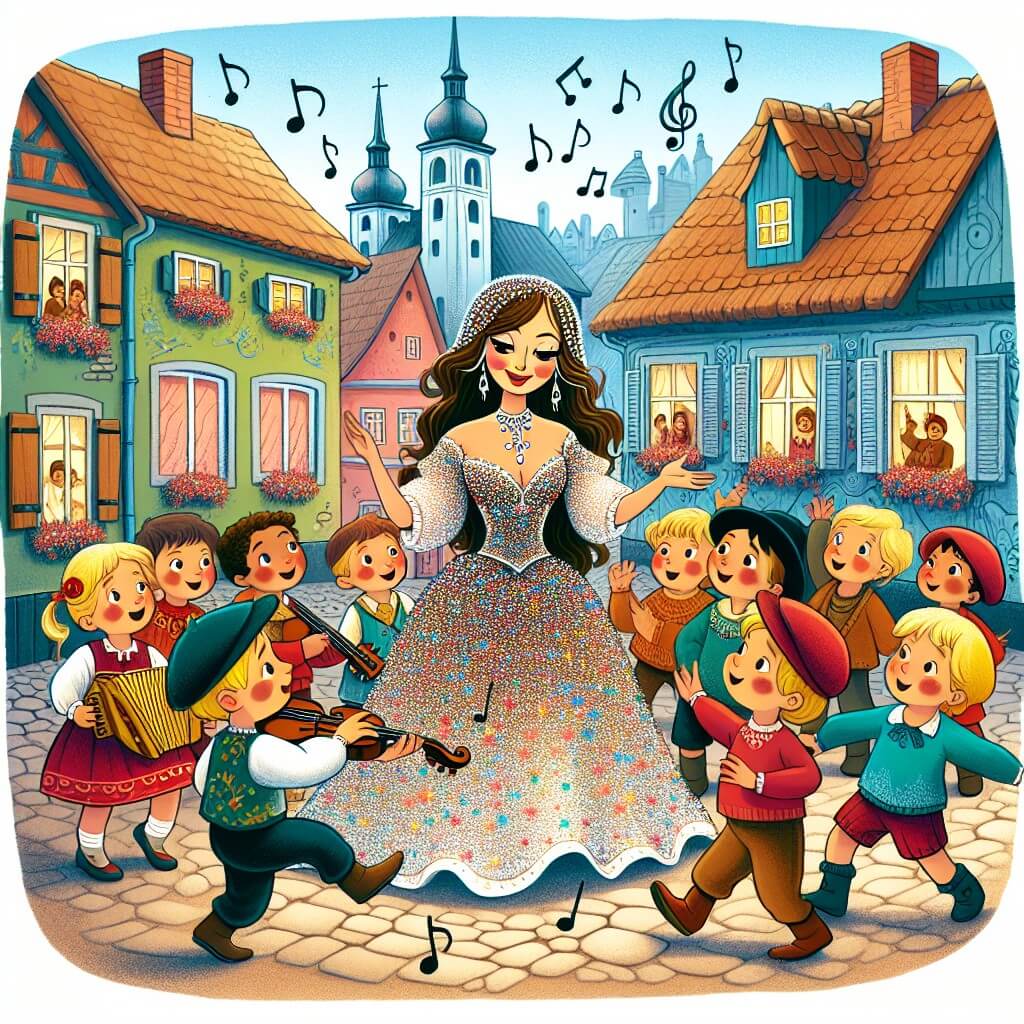 Une illustration destinée aux enfants représentant une femme vêtue d'une robe brillante, entourée d'enfants curieux, dans un petit village aux maisons colorées et aux rues pavées, où la musique résonne joyeusement.