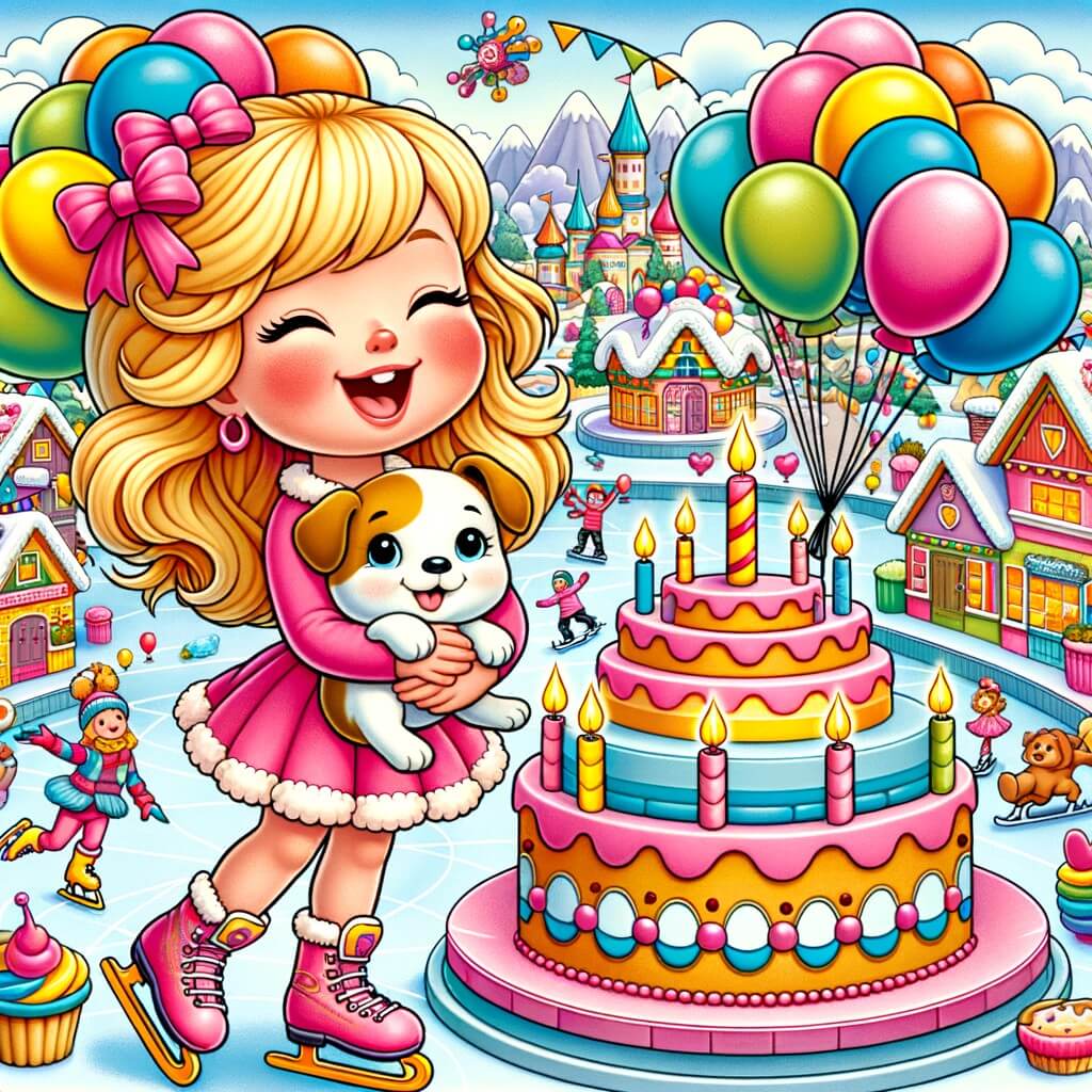 Une illustration destinée aux enfants représentant une petite fille joyeuse, entourée de ballons colorés, accompagnée d'un adorable chien, dans un village animé avec des maisons aux toits en forme de cupcakes et une grande fontaine en forme de gâteau d'anniversaire, où se déroule une compétition de patinage.