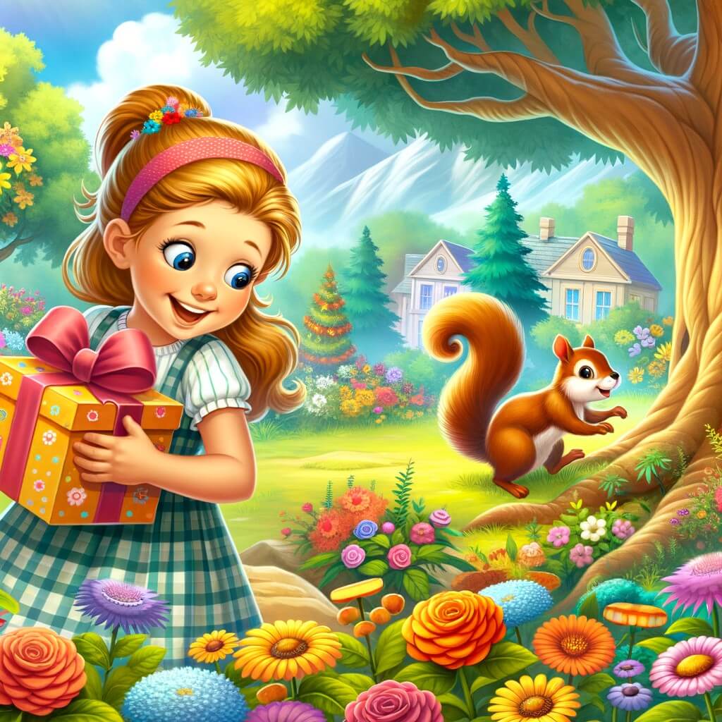 Une illustration destinée aux enfants représentant une niña pequeña, pleine de joie, qui cherche son cadeau d'anniversaire dans un magnifique jardin rempli de fleurs colorées et d'arbres majestueux, avec une ardilla espiègle comme personnage secondaire.