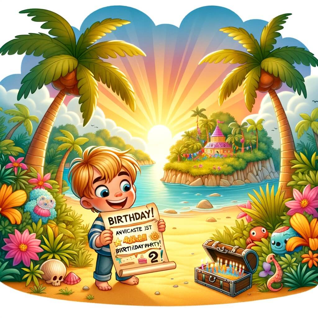 Une illustration destinée aux enfants représentant un petit garçon, plein d'excitation, qui découvre une mystérieuse invitation à une fête d'anniversaire sur une île enchantée, entouré d'une nature luxuriante et colorée, avec des palmiers, des fleurs exotiques et un magnifique coucher de soleil sur une plage de sable doré.
