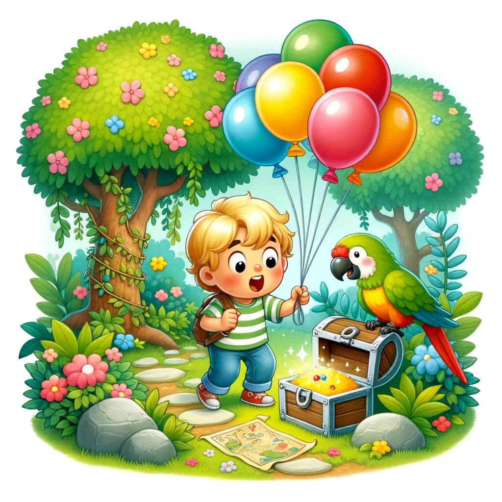 Une illustration destinée aux enfants représentant un niño pequeño plein d'excitation, entouré de ballons colorés, découvrant une mystérieuse carte au trésor, avec un adorable perroquet perché sur son épaule, dans un jardin verdoyant avec des arbres en fleurs et un chemin de pierres menant à une petite boîte enfouie sous les feuilles.