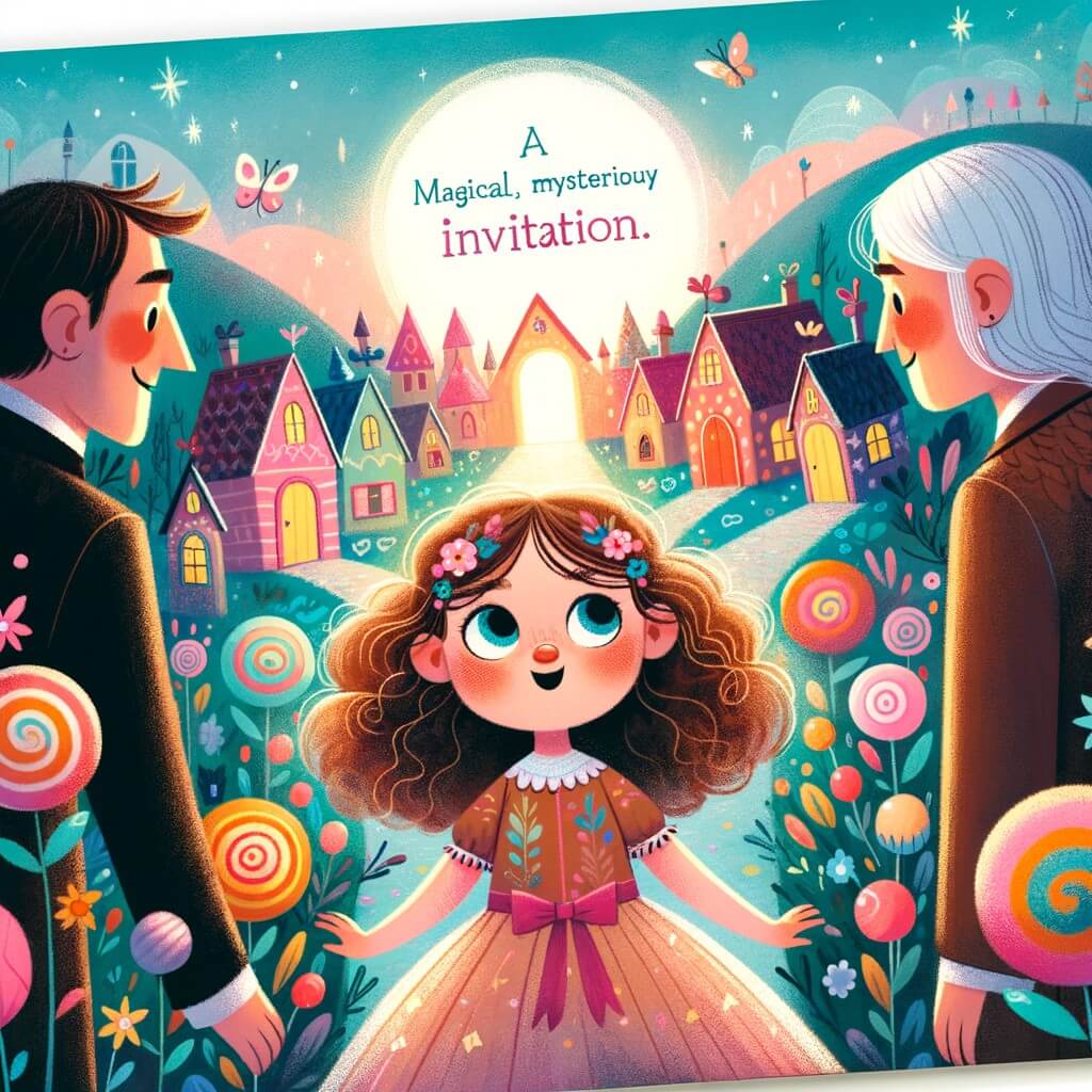 Une illustration destinée aux enfants représentant une niña pequeña aux cheveux bouclés, pleine de curiosité, découvrant une mystérieuse invitation magique, accompagnée de ses parents, dans un village coloré rempli de maisons en bonbons et de fleurs enchantées.