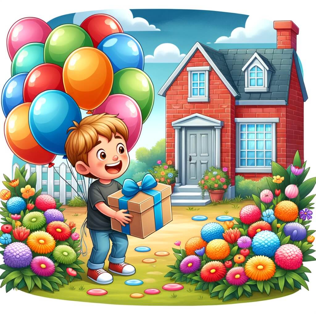 Une illustration destinée aux enfants représentant un petit garçon avec un sourire radieux, entouré de ballons colorés, découvrant un mystérieux paquet devant une maison aux murs en briques rouges et un jardin rempli de fleurs multicolores.
