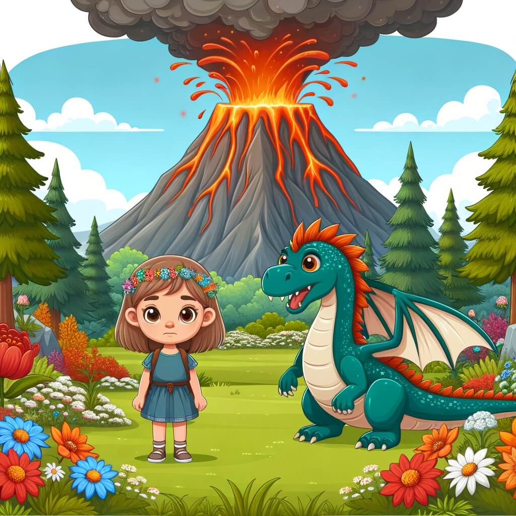 Une illustration destinée aux enfants représentant une niña pequeña, debout devant un immense volcan en éruption, accompagnée d'un dragon amical, dans un paysage verdoyant rempli de fleurs multicolores et d'arbres majestueux.
