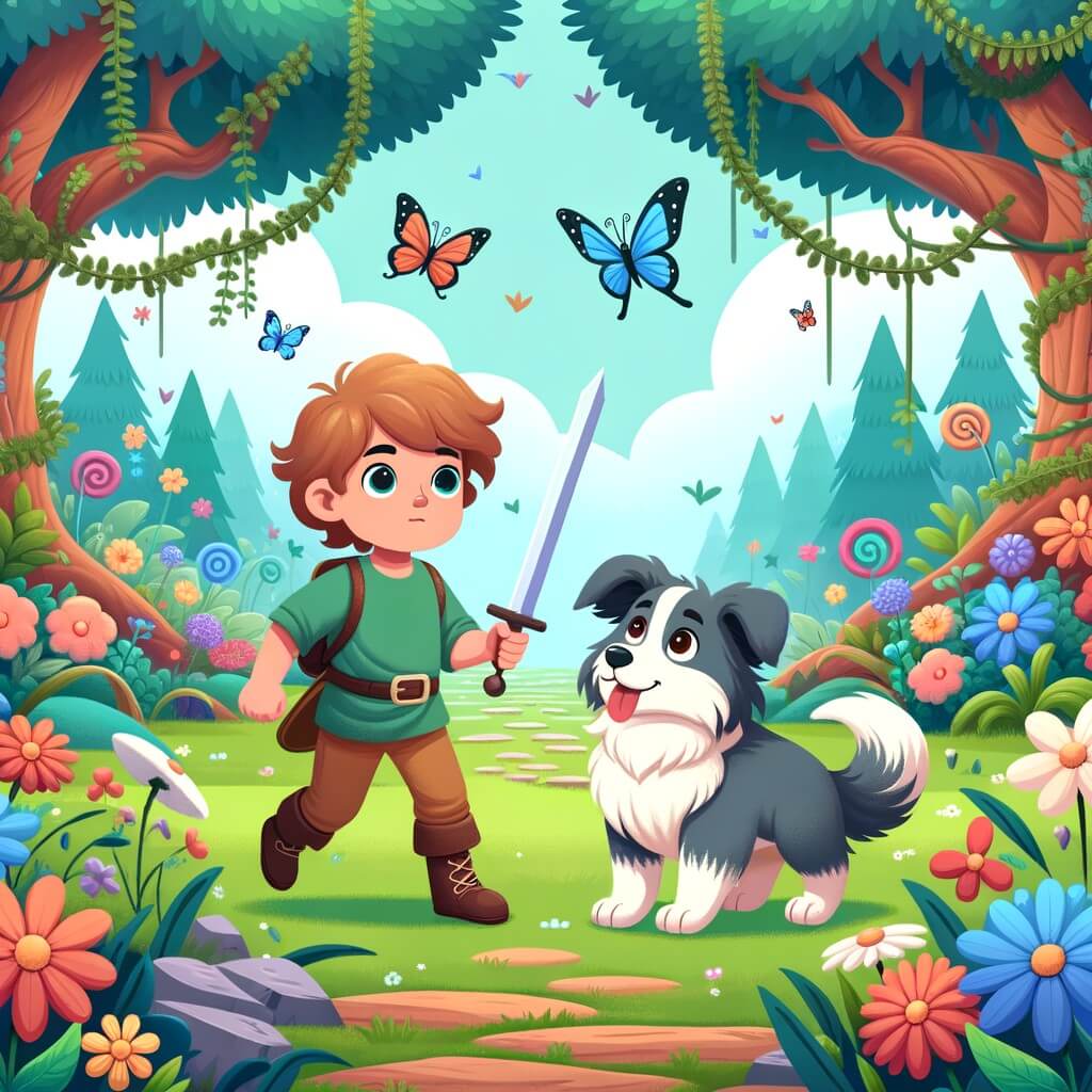 Une illustration destinée aux enfants représentant un petit enfant courageux, face à un défi impossible, accompagné de son fidèle chien, dans un jardin enchanteur rempli de fleurs colorées, arbres majestueux et papillons virevoltants.