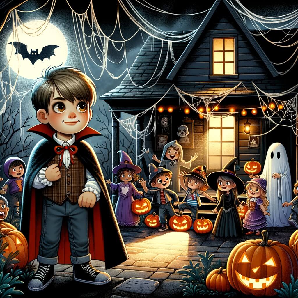 Une illustration destinée aux enfants représentant un niño pequeño déguisé en vampire, qui explore une maison abandonnée et découvre une fête secrète de Halloween organisée par des enfants déguisés en fantômes, sorcières et monstres, dans une maison sombre et lugubre remplie de toiles d'araignées, de citrouilles éclairées et d'ombres mystérieuses.