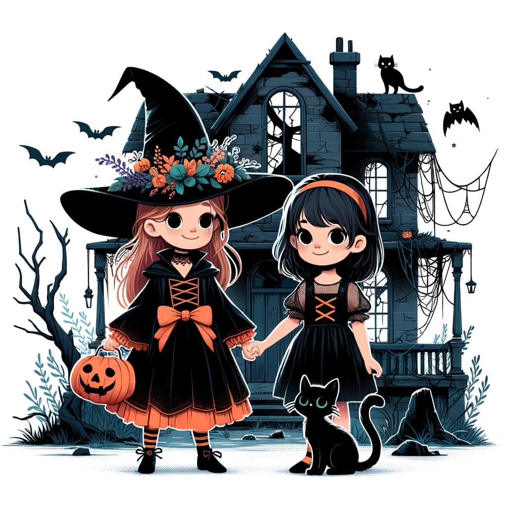 Une illustration destinée aux enfants représentant une niña pequeña, vêtue d'un magnifique costume de sorcière, tenant la main d'un chat noir mystérieux, devant une maison abandonnée avec des fenêtres brisées, des toiles d'araignées et des enredaderas, créant une atmosphère effrayante pour célébrer Halloween.