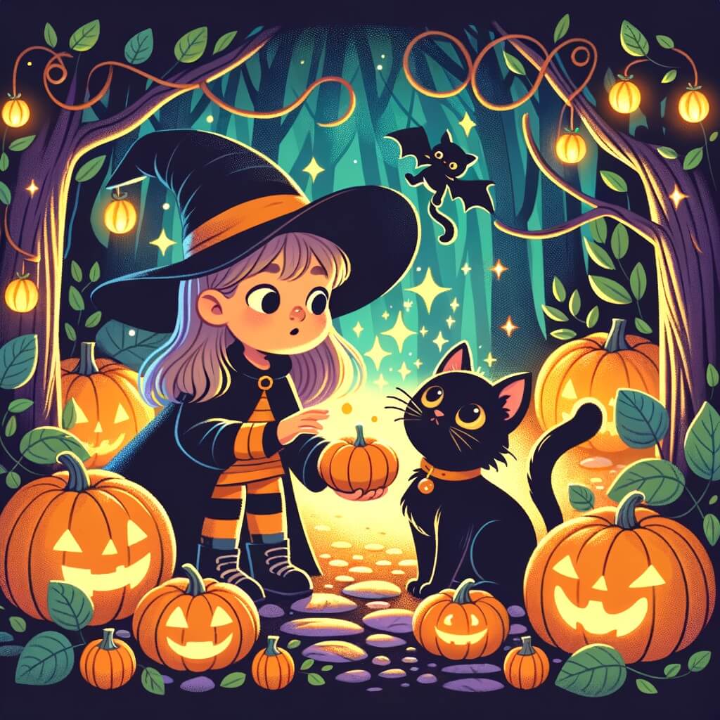 Une illustration destinée aux enfants représentant une petite fille déguisée en sorcière, qui découvre un chat noir magique dans une forêt enchantée pleine de citrouilles lumineuses.