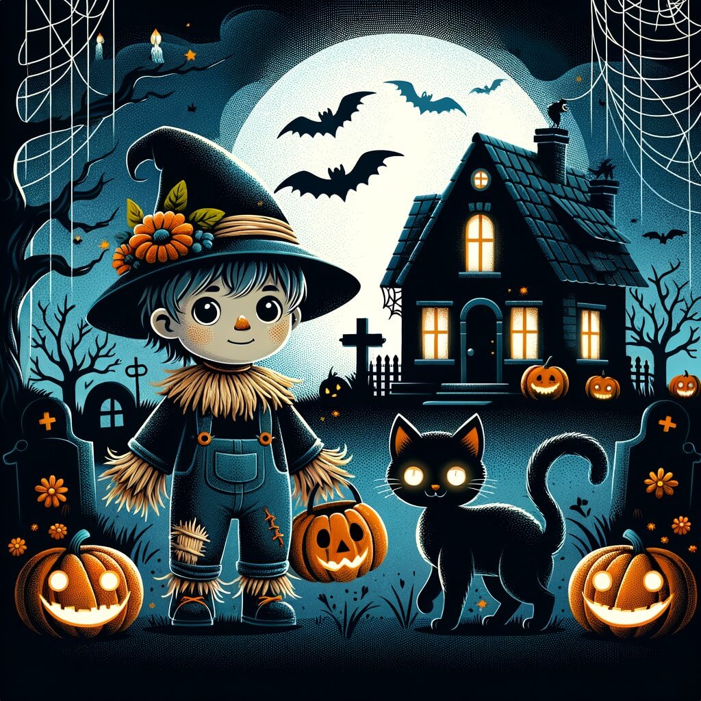 Une illustration destinée aux enfants représentant un petit enfant déguisé en espantapájaros, explorant un sombre et mystérieux quartier lors de la nuit d'Halloween, accompagné d'un chat noir aux yeux brillants, devant une maison ornée de citrouilles, de toiles d'araignées et de murciélagos.