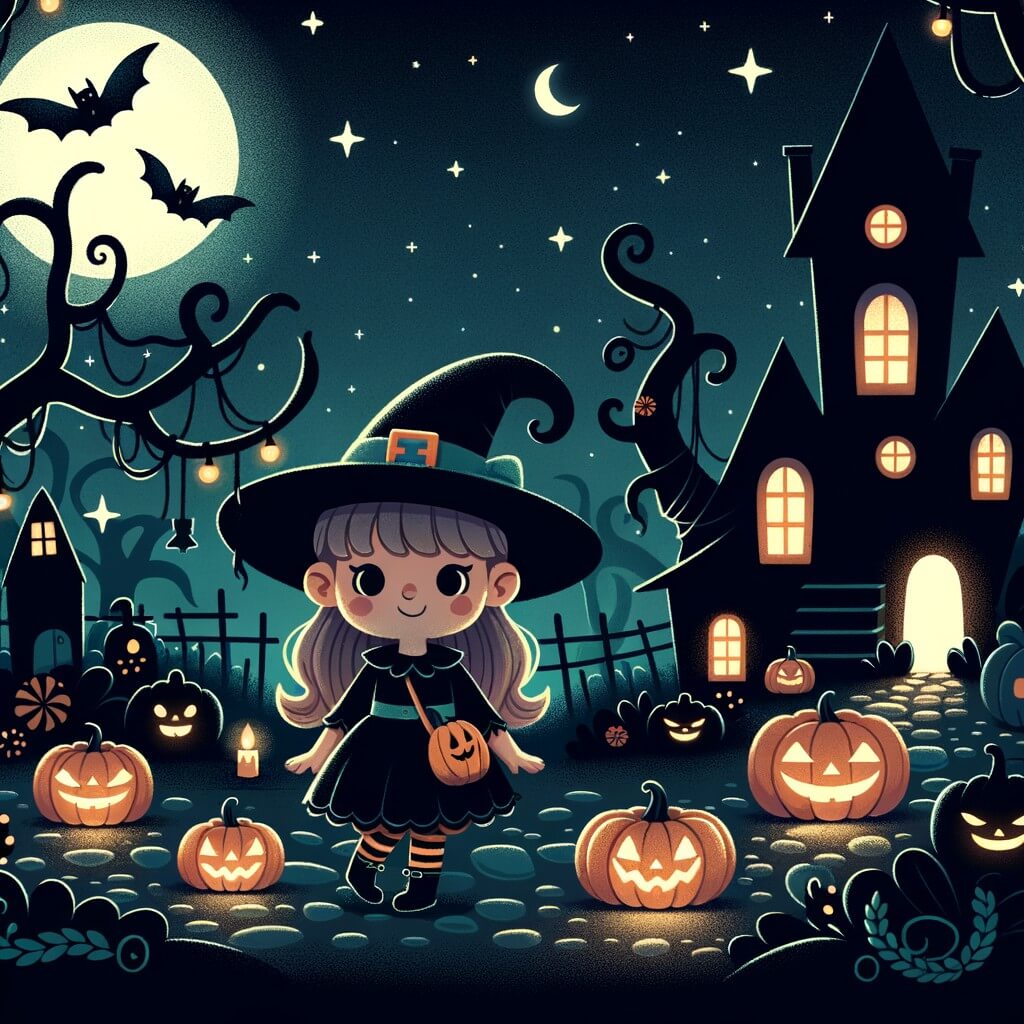 Une illustration destinée aux enfants représentant une niña pequeña déguisée en sorcière, se promenant dans un sombre village rempli de maisons hantées, avec des citrouilles illuminées et des arbres aux branches tordues, lors d'une nuit d'Halloween pleine de mystère et d'aventure.