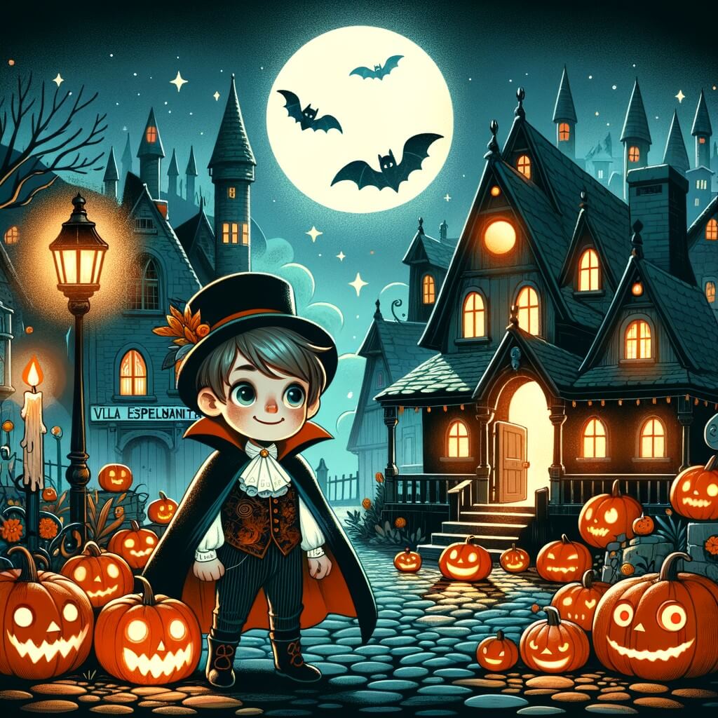 Une illustration destinée aux enfants représentant un niño pequeño déguisé en vampire élégant, explorant une mystérieuse et effrayante maison hantée avec l'aide d'un mago bienveillant, située au cœur d'un village sombre et décoré de citrouilles lumineuses, Villa Espeluznante.