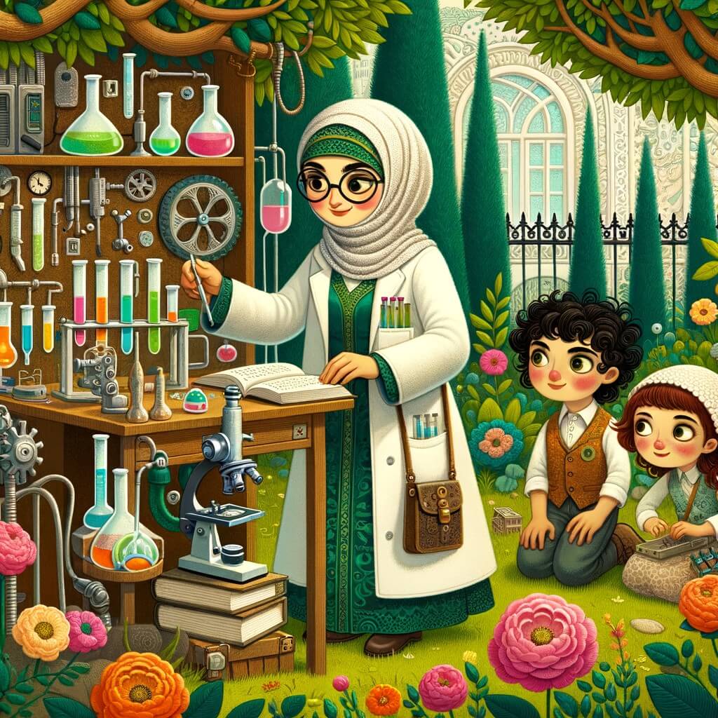 Une illustration destinée aux enfants représentant une femme inventrice, vêtue d'une blouse de laboratoire et d'un chapeau d'inventeur, travaillant dans son laboratoire rempli de tubes à essai, livres de science et étranges objets, tandis que deux enfants curieux et aventureux, Pablo et Sofía, la découvrent dans un magnifique jardin entouré d'arbres verdoyants et de fleurs multicolores.