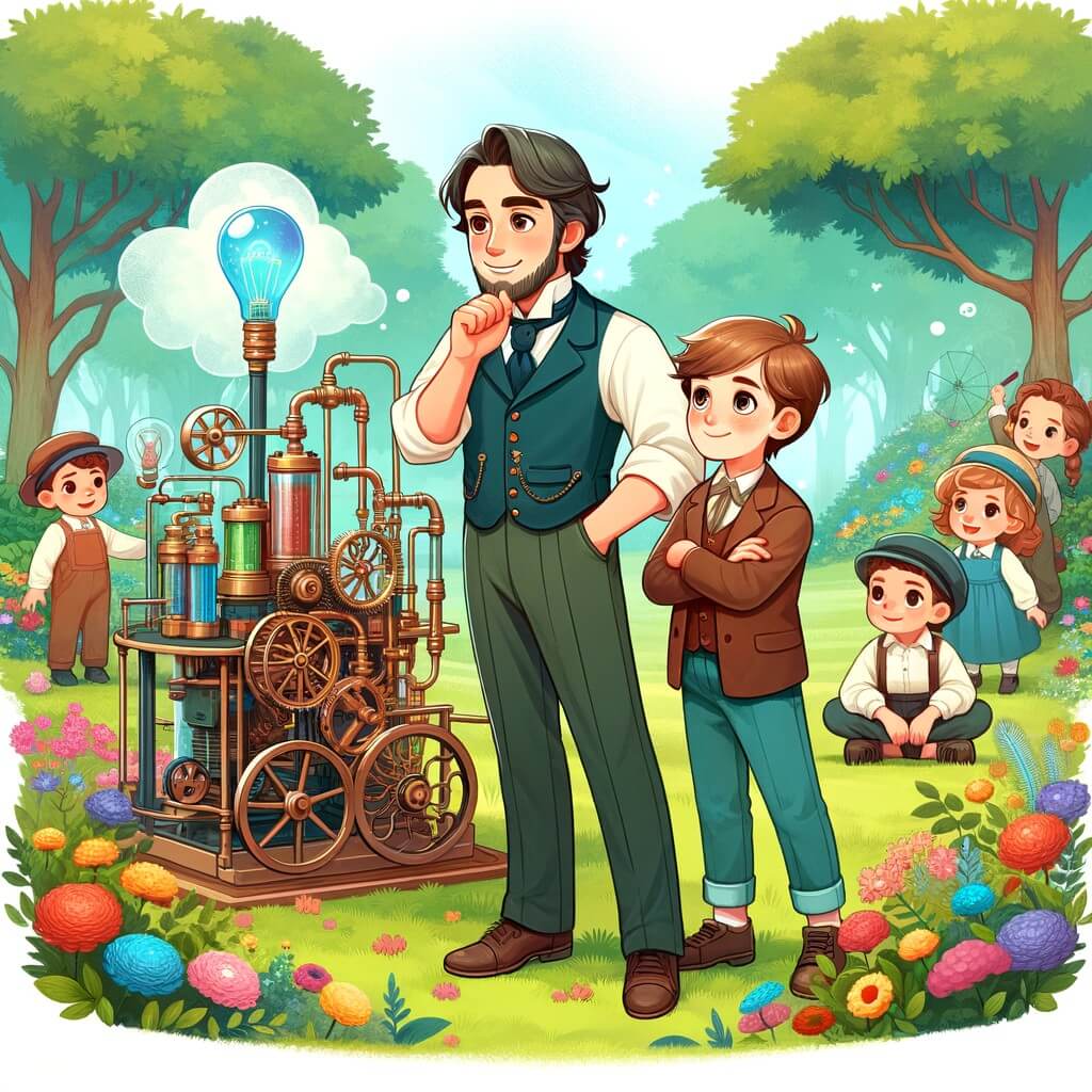 Une illustration destinée aux enfants représentant un homme rêveur et passionné d'inventions, se tenant devant sa machine magique, accompagné de son petit frère et entouré d'enfants curieux, dans un parc verdoyant rempli de fleurs colorées et d'arbres majestueux.