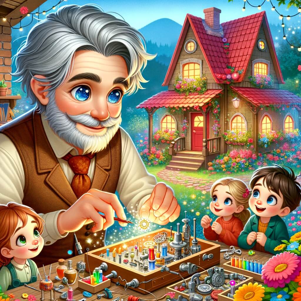 Une illustration destinée aux enfants représentant un homme aux cheveux gris et aux yeux pétillants, passionné d'invention, qui crée une machine magique dans son atelier rempli de pièces colorées, accompagné de trois enfants curieux, dans une petite maison au toit rouge située au milieu d'un jardin fleuri et enchanté.