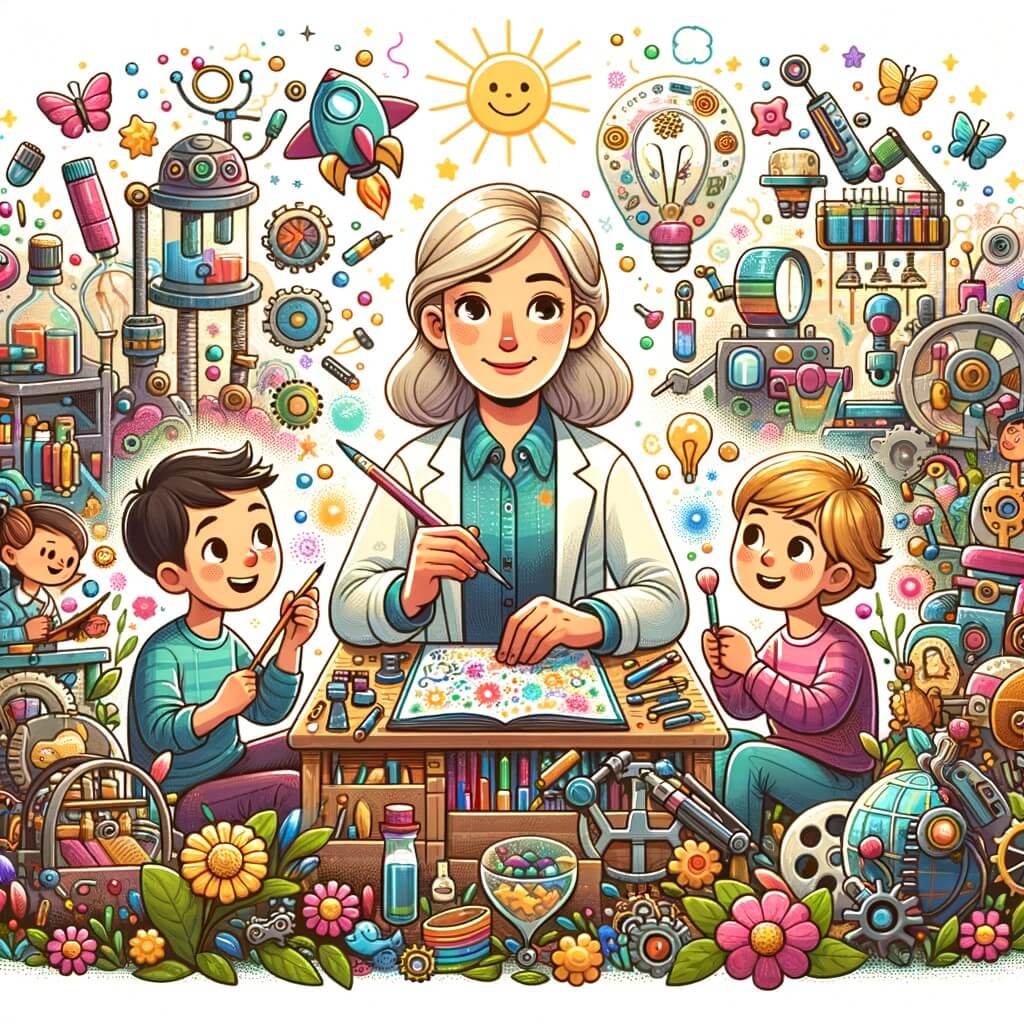 Une illustration destinée aux enfants représentant une femme créative et curieuse, entourée de ses amis, inventant des machines incroyables dans son atelier rempli d'outils scintillants et de pièces colorées, situé au milieu d'un jardin fleuri et ensoleillé.