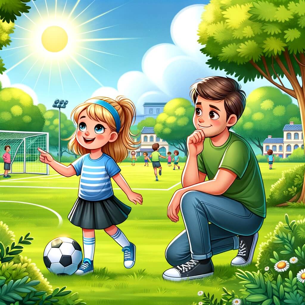 Une illustration destinée aux enfants représentant une jeune fille passionnée de football, qui rêve de devenir une joueuse professionnelle, accompagnée de son père qui l'encourage, dans un parc verdoyant avec un terrain de football ensoleillé où ils s'entraînent tous les jours.