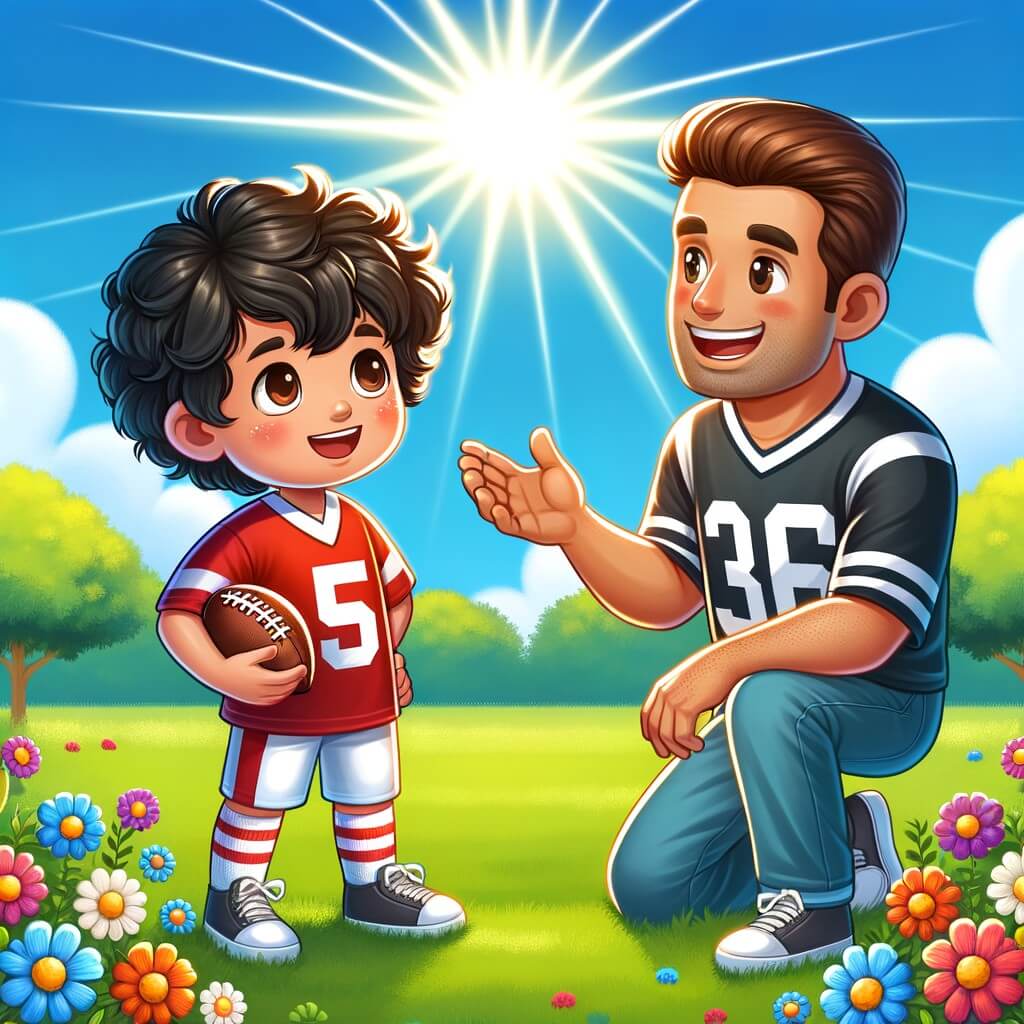 Une illustration destinée aux enfants représentant un jeune garçon, les cheveux noirs et bouclés, vêtu d'un maillot de football rouge et blanc, debout sur un terrain verdoyant avec des fleurs colorées tout autour, tenant un ballon de football dans ses mains, tandis qu'un homme souriant, portant un uniforme de football, lui donne des conseils, le soleil brillant dans le ciel bleu clair de l'après-midi.