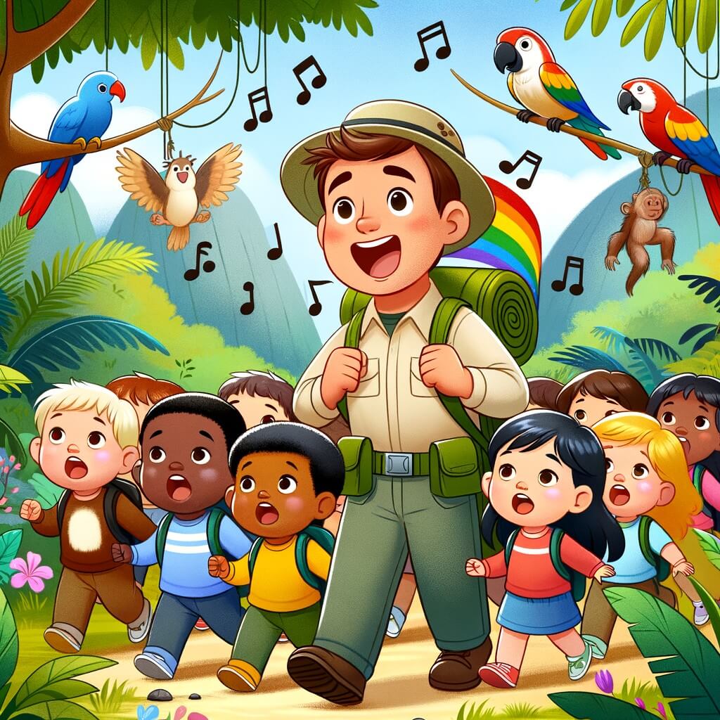 Une illustration destinée aux enfants représentant un homme aventurier, entouré d'enfants curieux, explorant une jungle luxuriante remplie d'animaux exotiques aux couleurs vives et aux chants mélodieux.
