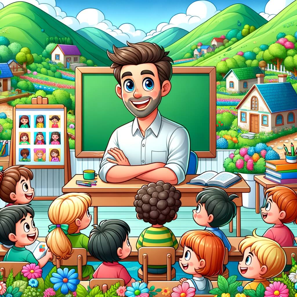 Une illustration destinée aux enfants représentant un homme souriant, vêtu d'une chemise colorée, entouré d'enfants curieux, dans une salle de classe lumineuse remplie de livres, tableaux colorés et plantes verdoyantes, située dans un petit village pittoresque entouré de montagnes verdoyantes et de fleurs colorées.