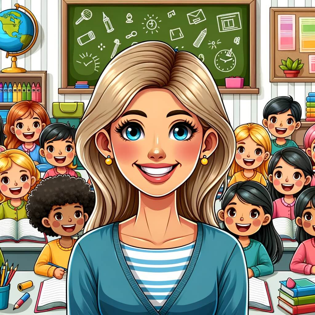 Une illustration destinée aux enfants représentant une maestra avec un sourire radieux, entourée de ses élèves enthousiastes, dans une salle de classe colorée remplie de livres, de tableaux et de jouets éducatifs.