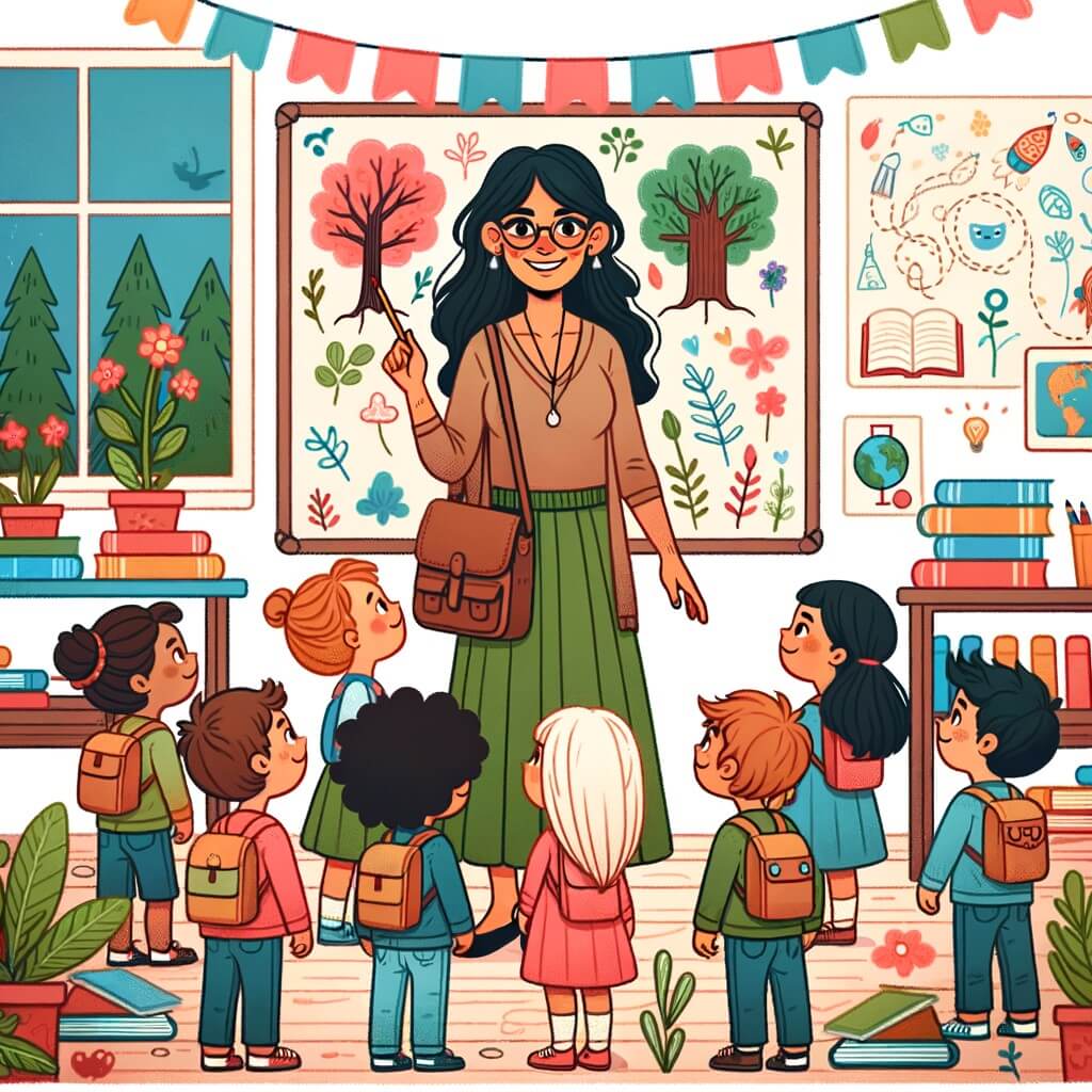 Une illustration destinée aux enfants représentant une maestra aventurera entourée d'enfants curieux, dans une salle de classe colorée remplie de livres, de plantes et de dessins d'arbres.