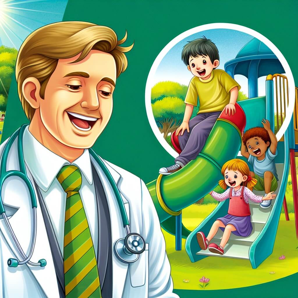 Une illustration destinée aux enfants représentant un homme vêtu d'une blouse blanche, avec un stéthoscope autour du cou, qui fait rire les enfants dans son cabinet médical, accompagné d'un enfant et d'une fille jouant joyeusement sur un toboggan dans un parc verdoyant et ensoleillé.