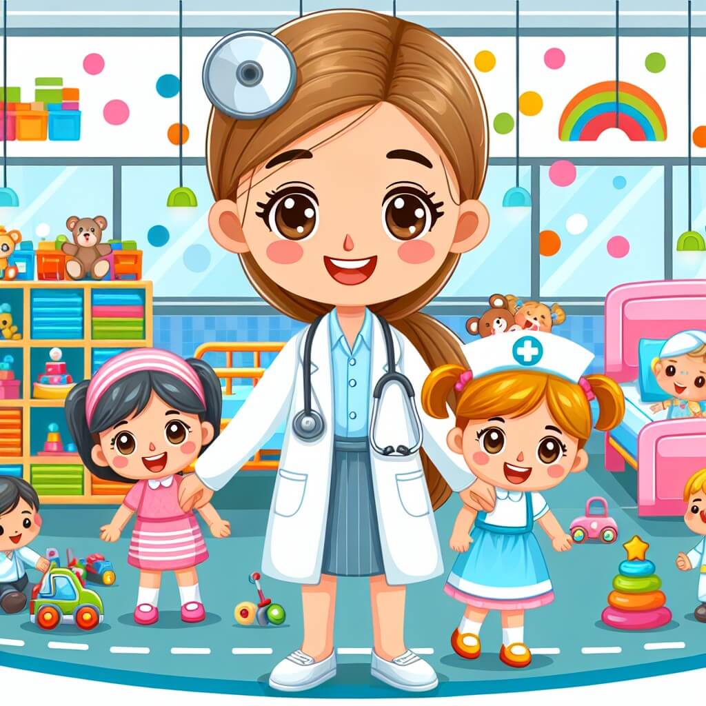 Une illustration destinée aux enfants représentant une femme médecin souriante, vêtue d'une blouse blanche, accompagnée d'une joyeuse infirmière, dans un grand hôpital coloré rempli de chambres remplies de jouets et d'enfants heureux.